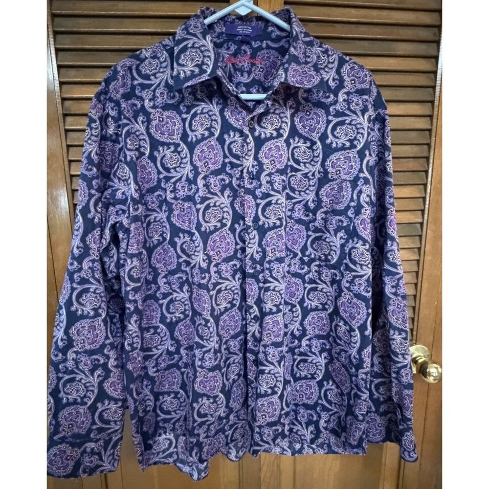 Alan Flusser XL Purple Paisley Button Front Shirt Cotton Preppy Academia Y2K